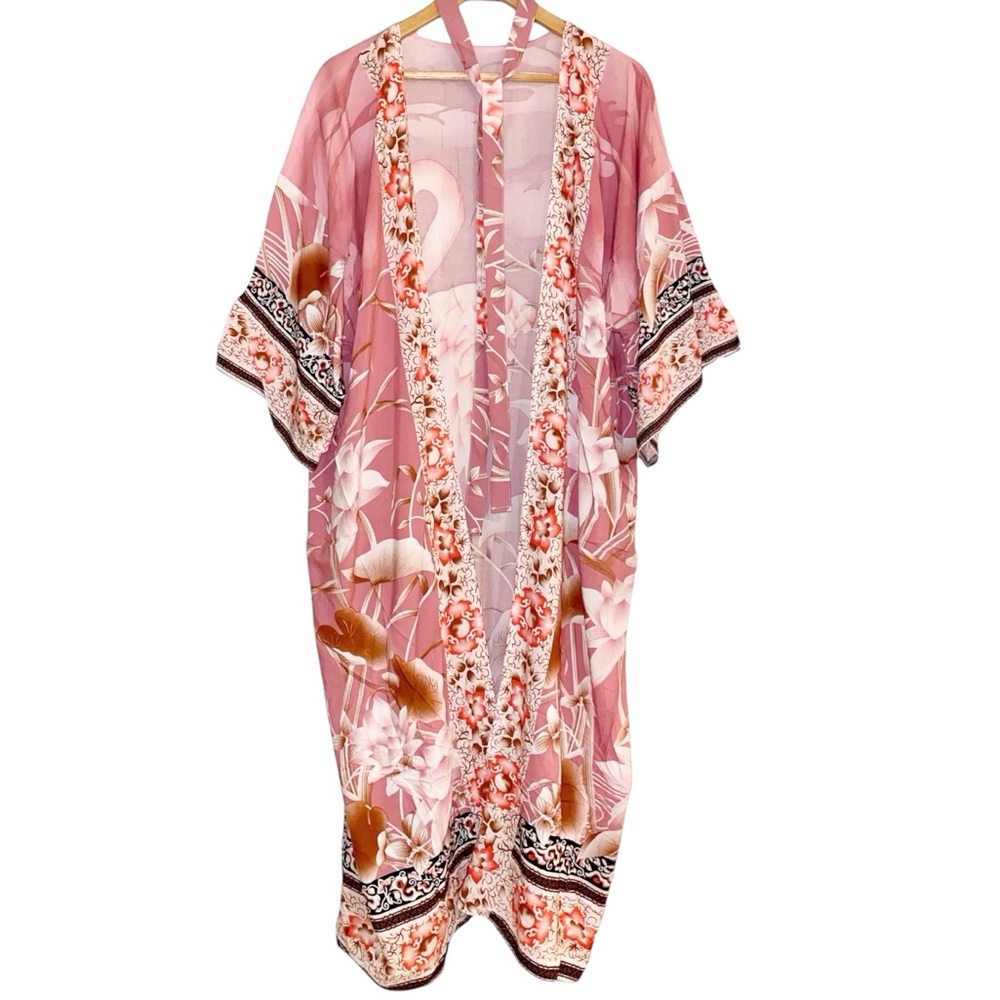🦩🌴 Pink Flamingo Floral Kimono Swim Coverup ~ Brand New - Picture 7 of 17